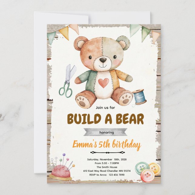 Build-A-Stuffy Birthday party Invitation (Front)