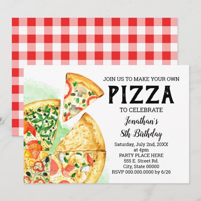 Build your pizza birthday party summer bash invitation (Front/Back)