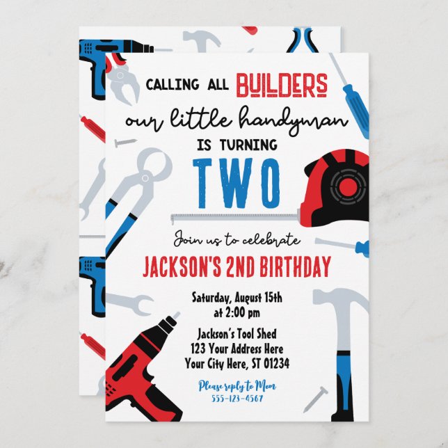 Builder Birthday Invitation, Handyman  Invitation (Front/Back)