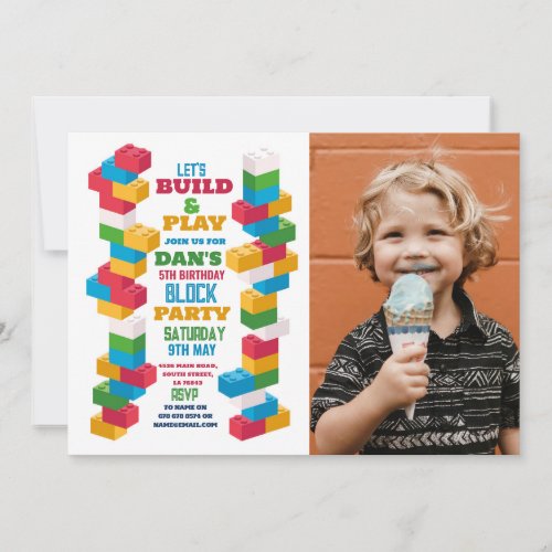 Builder Birthday Party Construction Blocks Photo Invitation