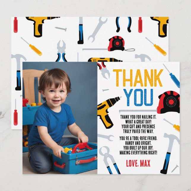 Builder Birthday Thank You Card, Tools Thank You Invitation (Front/Back)