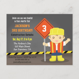 Builder Boy Construction Theme Birthday Party Invitation