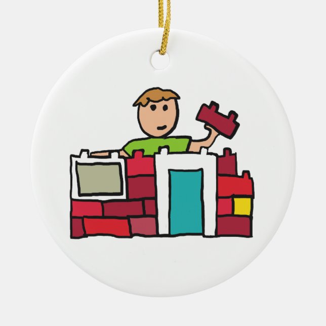 Builder Builds House with Building Blocks Ceramic Ornament (Front)