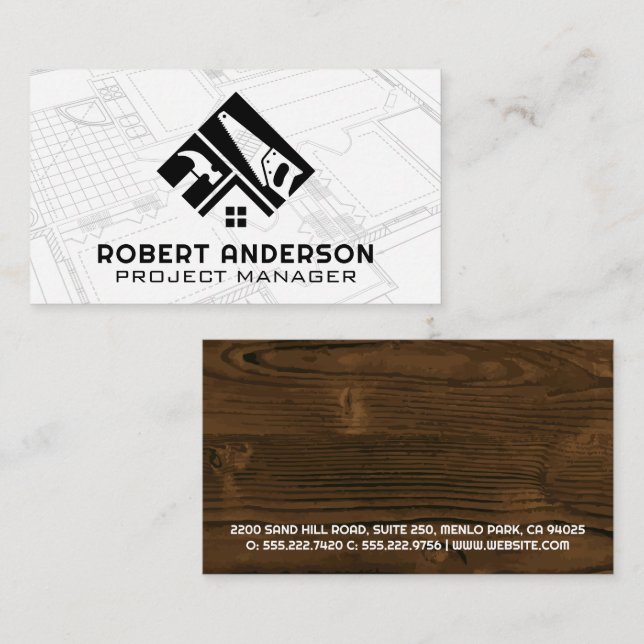 Builder Logo | Construction Tools | Blueprints Business Card (Front/Back)