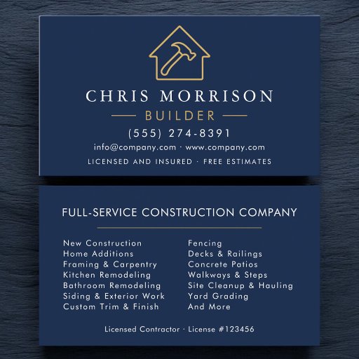 Customizable Builder Navy Blue Gold Modern Construction  Business Card