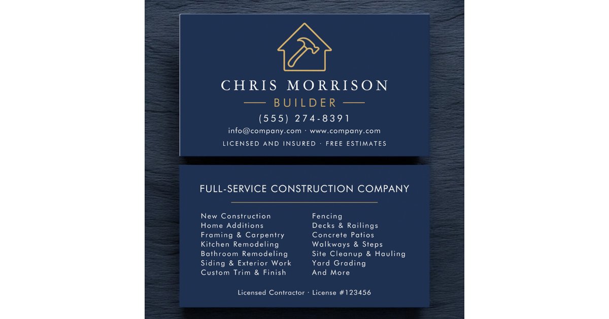 Builder Navy Blue Gold Modern Construction Business Card | Zazzle