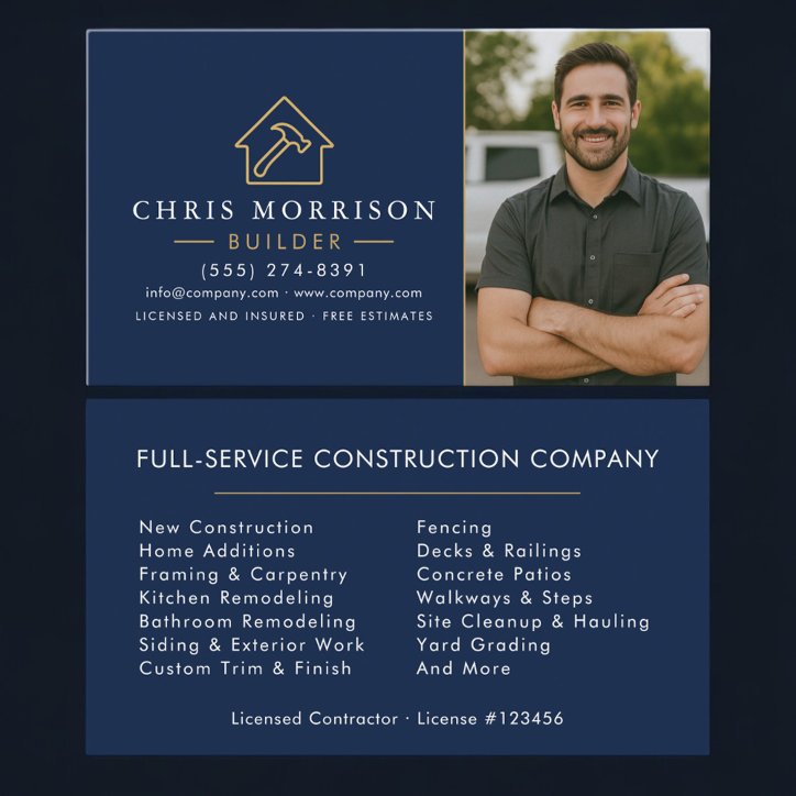 Builder Navy Blue Gold Photo Construction Business Card