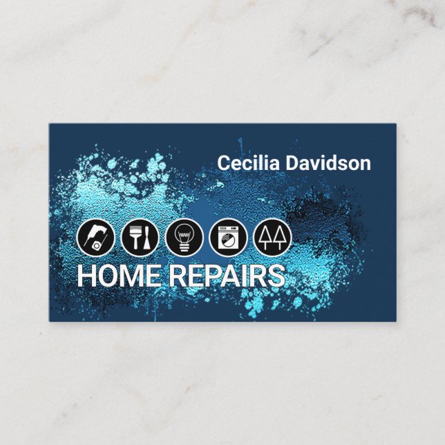 Builder Tools On Blue Paint Splatter Business Card (Front)