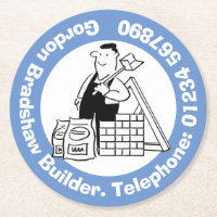 Builder with Building Materials. Building Trade Round Paper Coaster