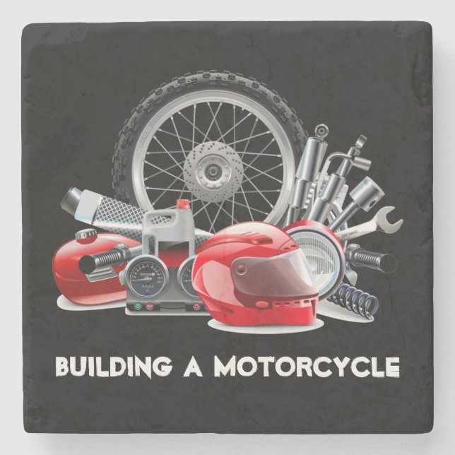 Building a Motorcycle with Parts Drawing Stone Coaster (Front)