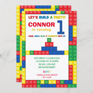 Building Block 1st Birthday Party Colorful Bricks Invitation