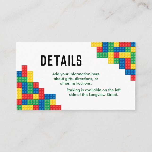 Building Block Party Birthday Party Insert Card (Front)