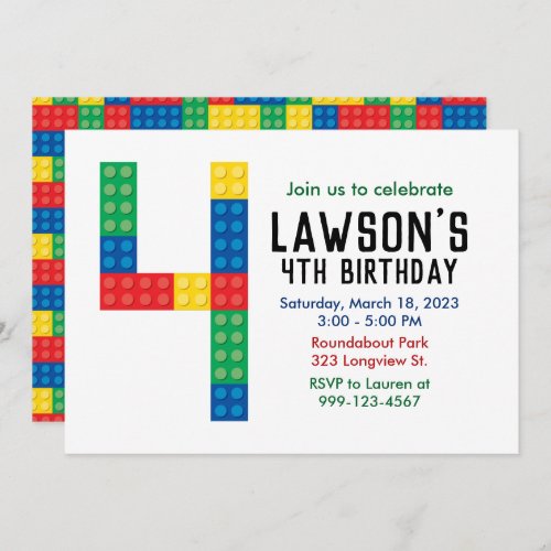Building Block Party Invitation for 4th Party