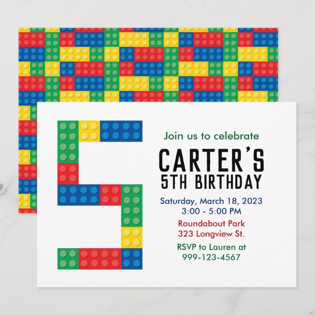Building Block Party Invitation for 5th Party (Front/Back)