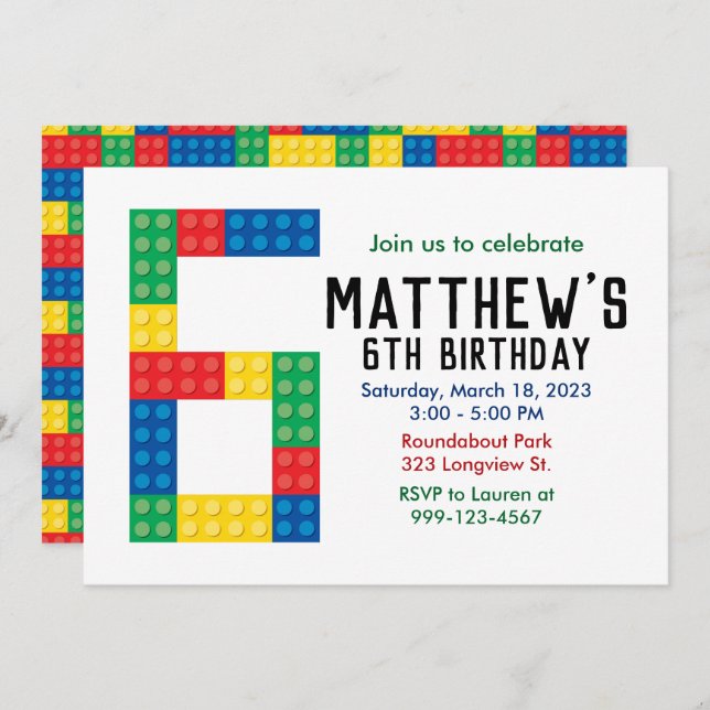 Building Block Party Invitation for 6th Party (Front/Back)
