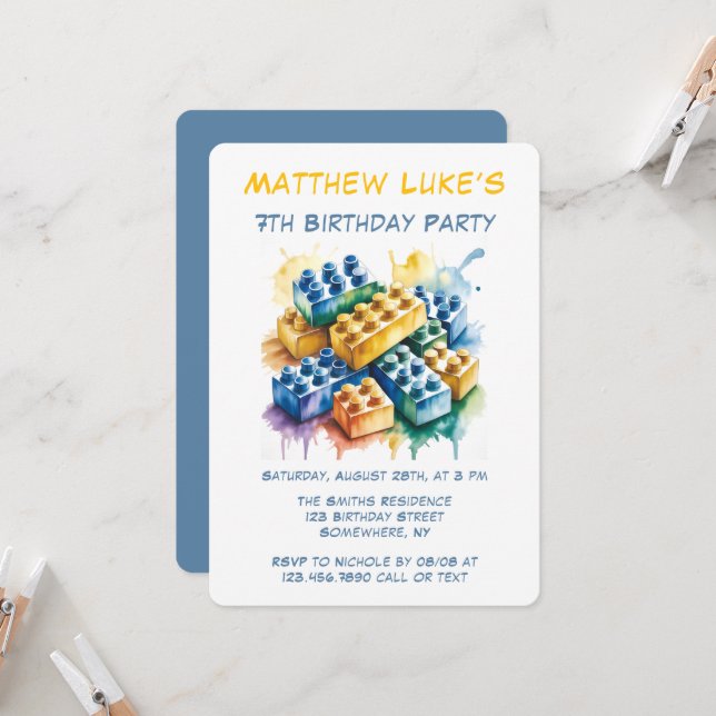 Building Block Splash Boy Birthday Party Invitation (Front/Back In Situ)
