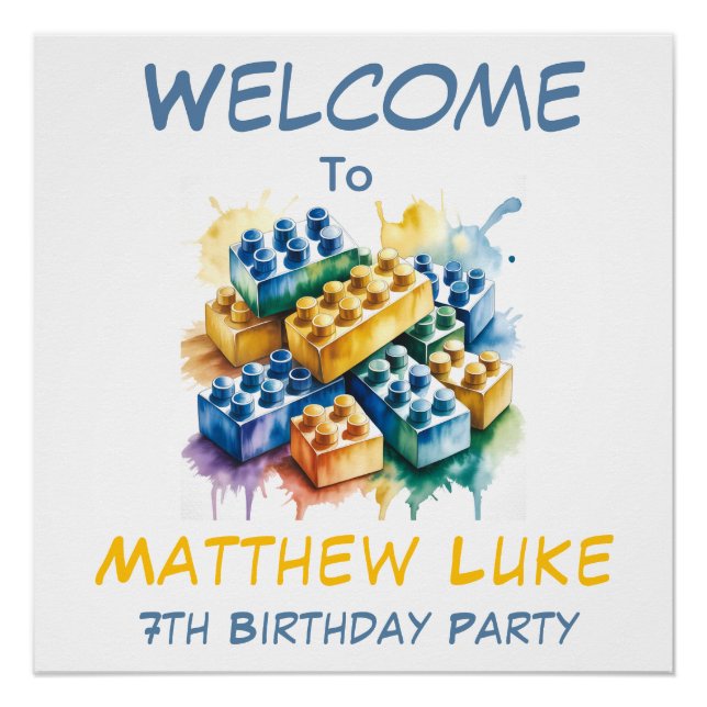 Building Block Splash Boy Birthday Party Welcome  Poster (Front)
