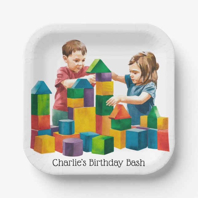 Building Blocks at the Birthday Bash Paper Plates (Front)