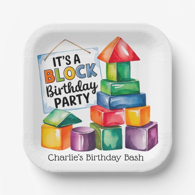 Building Blocks at the Birthday Bash Paper Plates (Front)