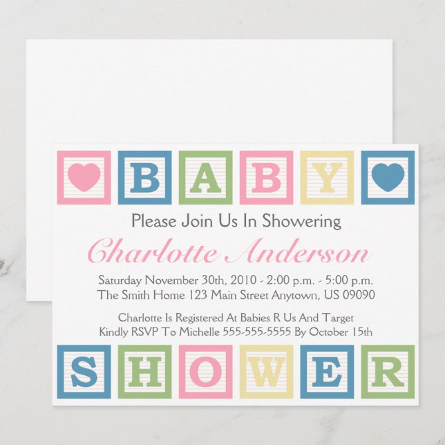Building Blocks Baby Shower Invitiations (Pink) Invitation (Front/Back)