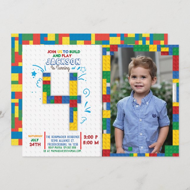 Building Blocks Birthday Bricks 4 years Invitation (Front/Back)