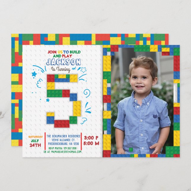 Building Blocks Birthday Bricks 5 years Invitation (Front/Back)