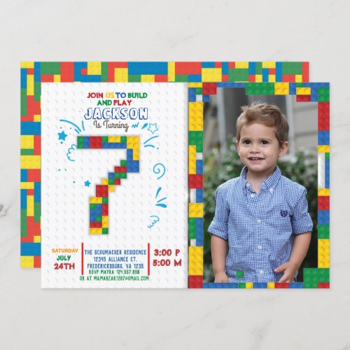 Building Blocks Birthday Bricks 7 years Invitation