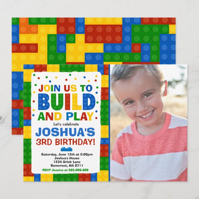Building Blocks Birthday Invitation Bricks Party (Front/Back)