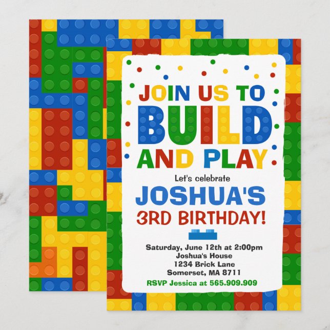 Building Blocks Birthday Invitation Bricks Party (Front/Back)
