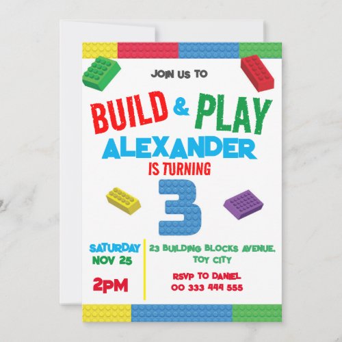 Building Blocks Boy 3rd Birthday Toy Invitation