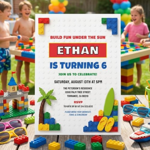Building Blocks Boy 6th Birthday Kids Bricks Party Invitation