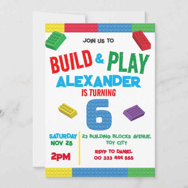 Building Blocks Boy 6th Birthday Toy Invitation (Front)