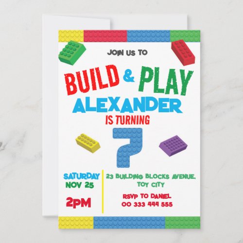 Building Blocks Boy 7th Birthday Toy Invitation