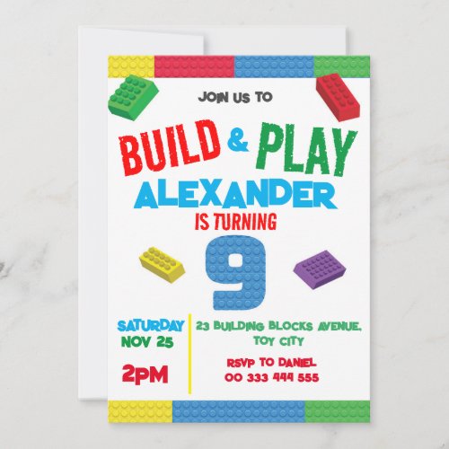 Building Blocks Boy 9th Birthday Toy Invitation