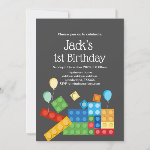 building blocks boy birthday invitation