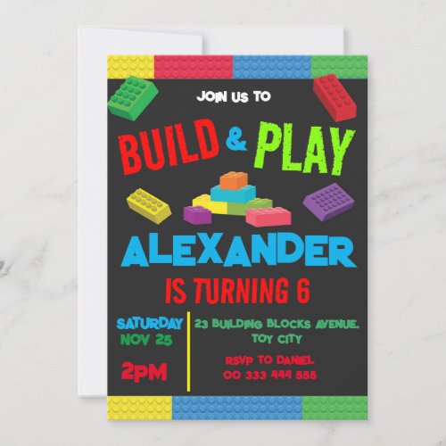 Building Blocks Boy Birthday Toy Black Invitation