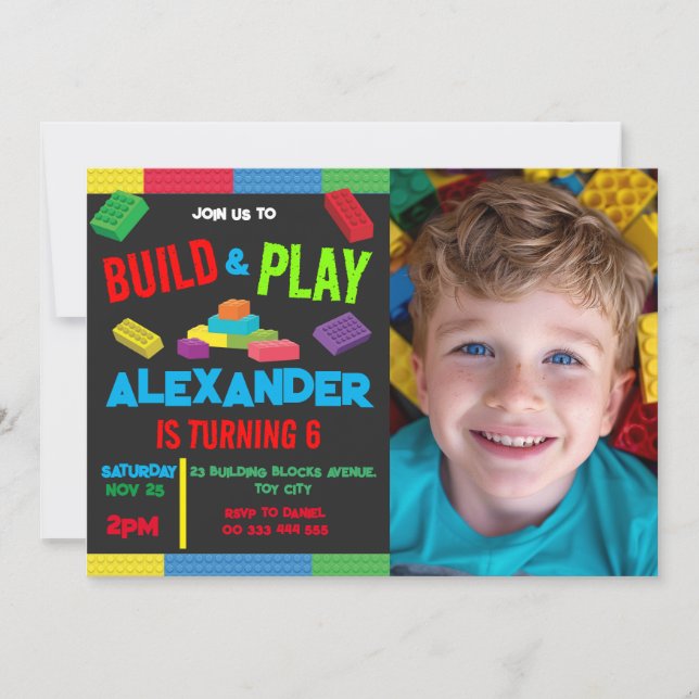 Building Blocks Boy Birthday Toy Photo 6th 7th 8th Invitation (Front)
