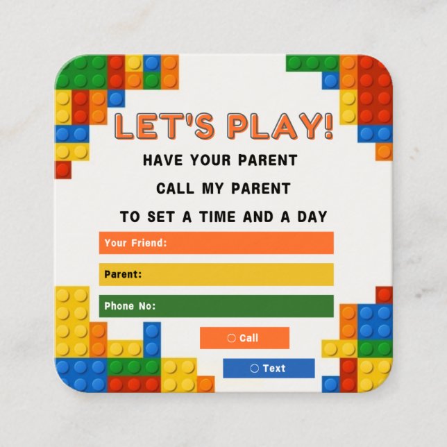 Building Blocks Kids Play Date Calling Cards (Front)
