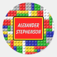 Personalized Bricks Printed Stickers, Round, Building Blocks, Modern, Simple,  Notebook, School, Label, Boy, Snack, Bag, Name 