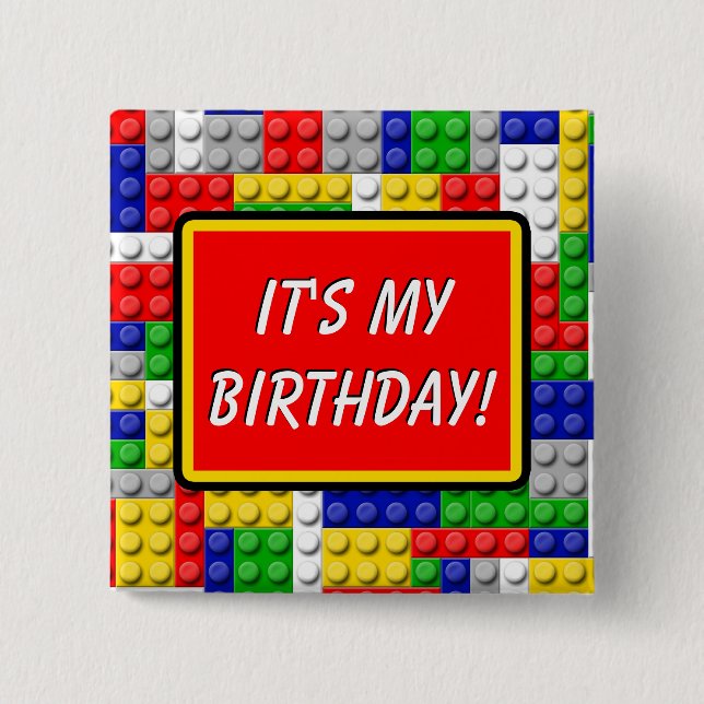 Building Blocks Primary Birthday Party Boy Pinback Button (Front)