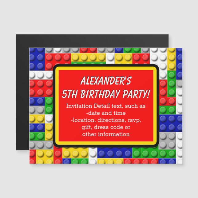 Building Blocks Primary Color Boy's Birthday/Party Magnetic Invitation (Front/Back)