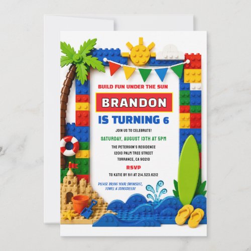 Building Blocks Summer Pool Party 6th Birthday Invitation