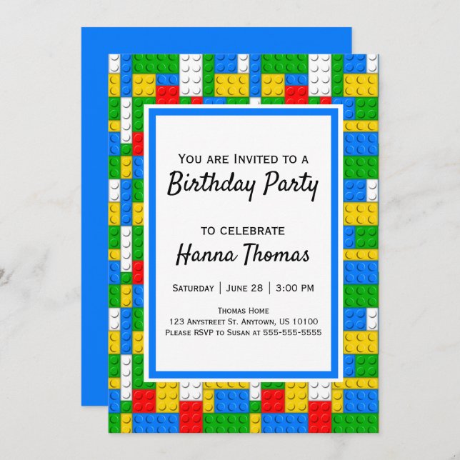 Building Bricks Construction Toy Birthday Invitation (Front/Back)