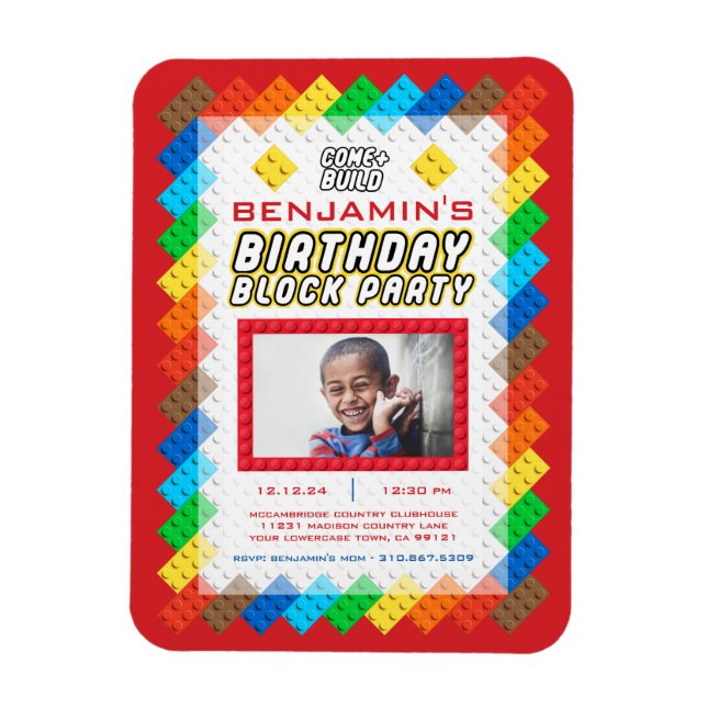 Building Bricks Toy Birthday Invitation Magnet (Vertical)