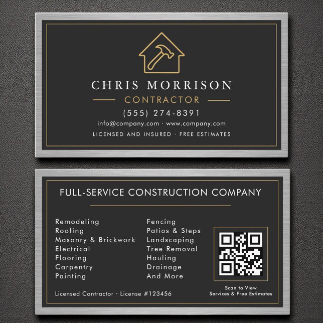 Building Construction Black Faux Metal QR Code Business Card (Creator Uploaded)