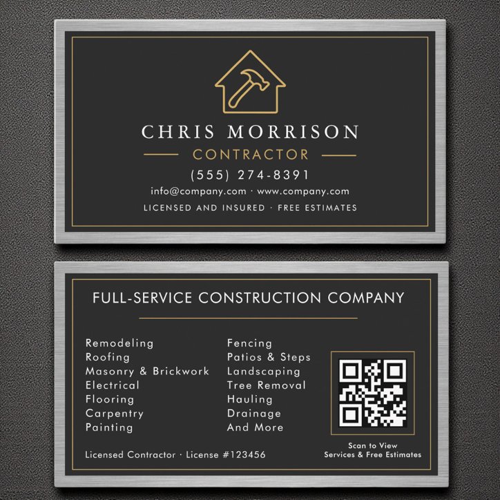 Building Construction Black Faux Metal QR Code Business Card
