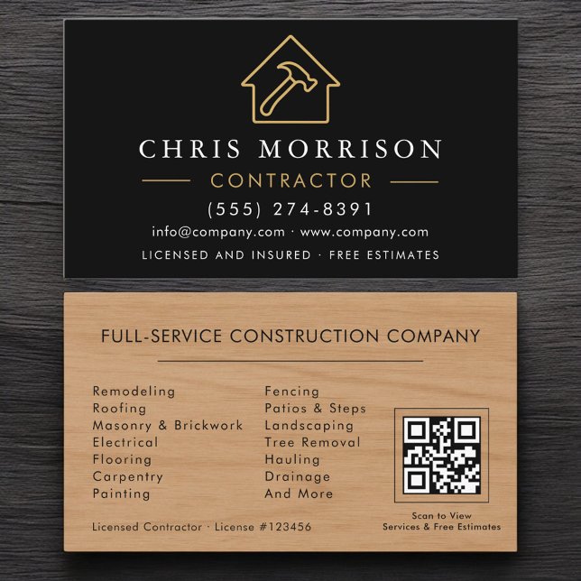 Building Construction Black Gold QR Code Wood  Business Card (Creator Uploaded)
