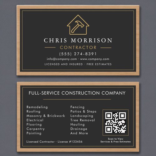 Building Construction Black Gold Wood QR Code Business Card