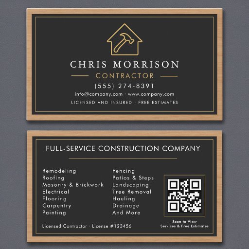 Customizable Building Construction Black Gold Wood QR Code Business Card