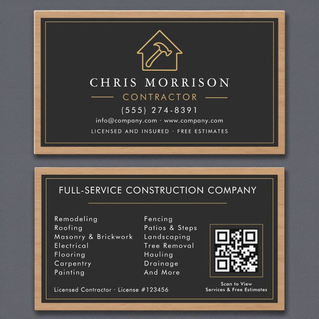 Building Construction Black Gold Wood QR Code Business Card (Creator Uploaded)